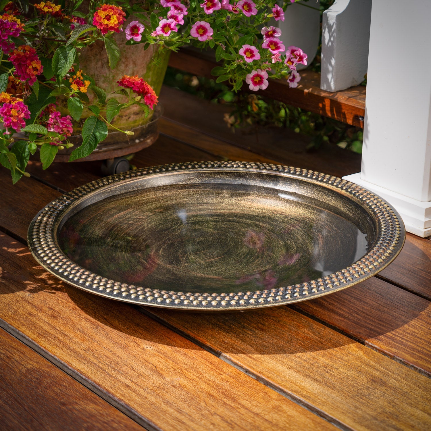 18" Beaded Copper Bird Bath Basin in Aged Brass Finish - Good Directions