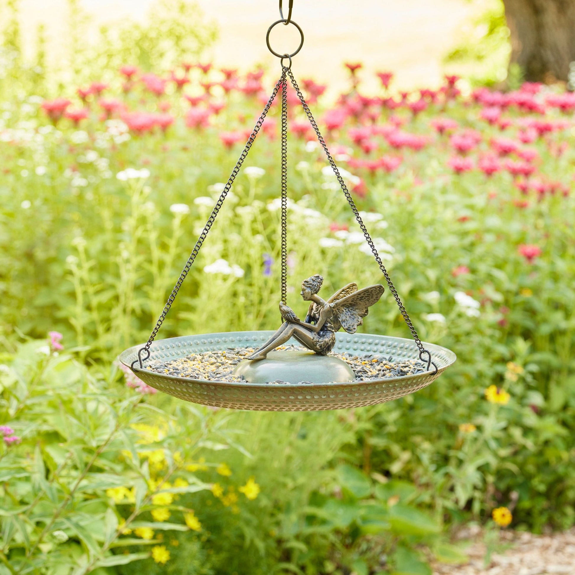 18" Hanging Blue Verde Copper Bird Bath with Fairy - Good Directions