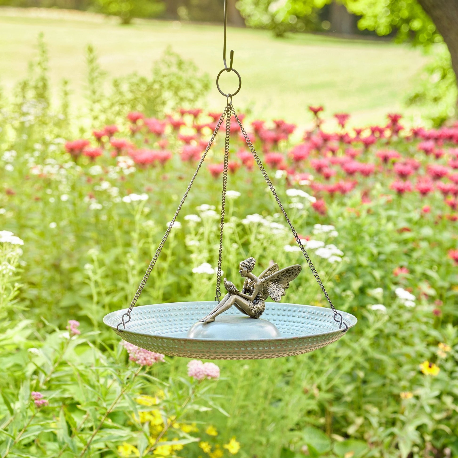 18" Hanging Blue Verde Copper Bird Bath with Fairy - Good Directions
