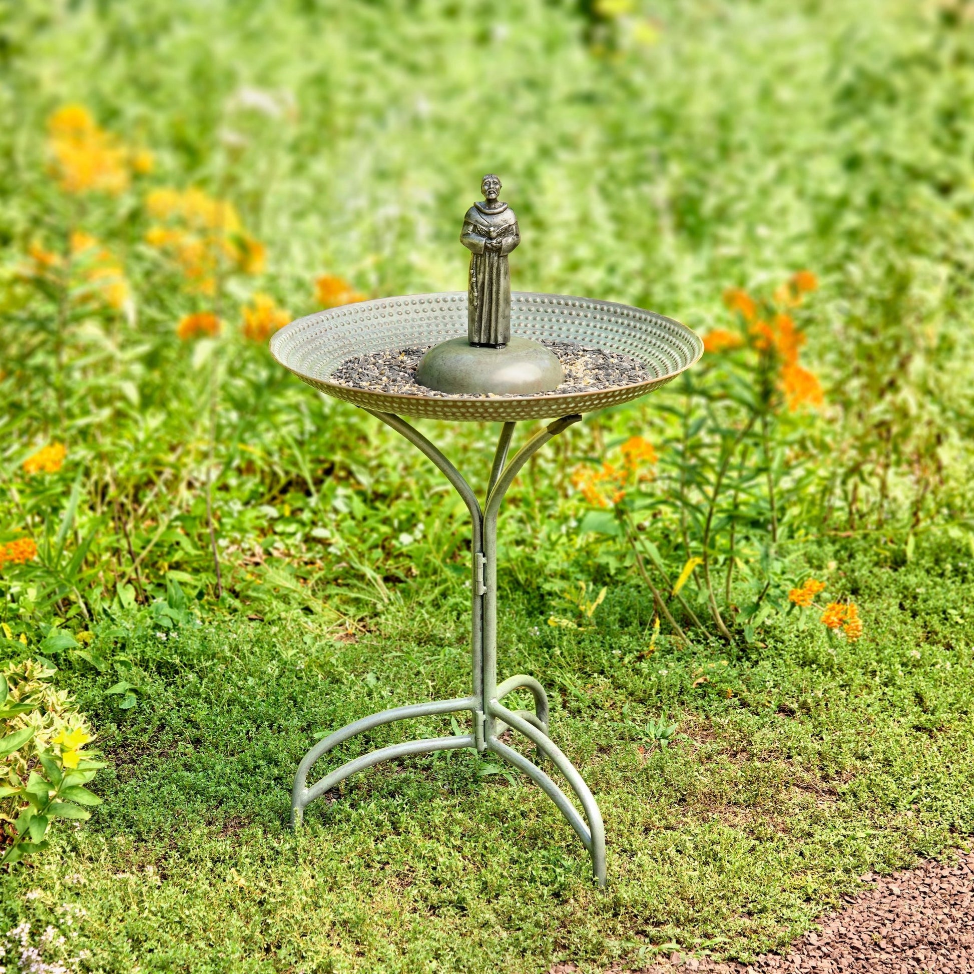 20" Blue Verde Copper Bird Bath with St Francis - Good Directions