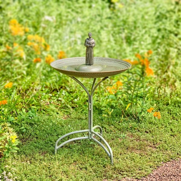 20" Blue Verde Copper Bird Bath with St Francis - Good Directions