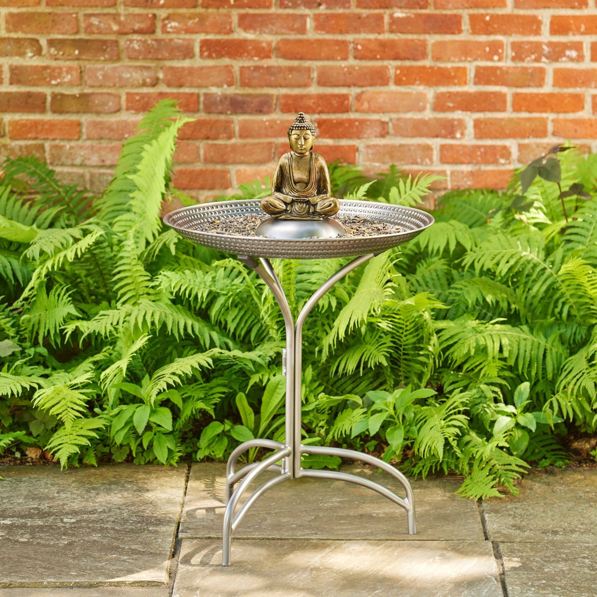 20" Pewter Copper Bird Bath with Buddha - Good Directions
