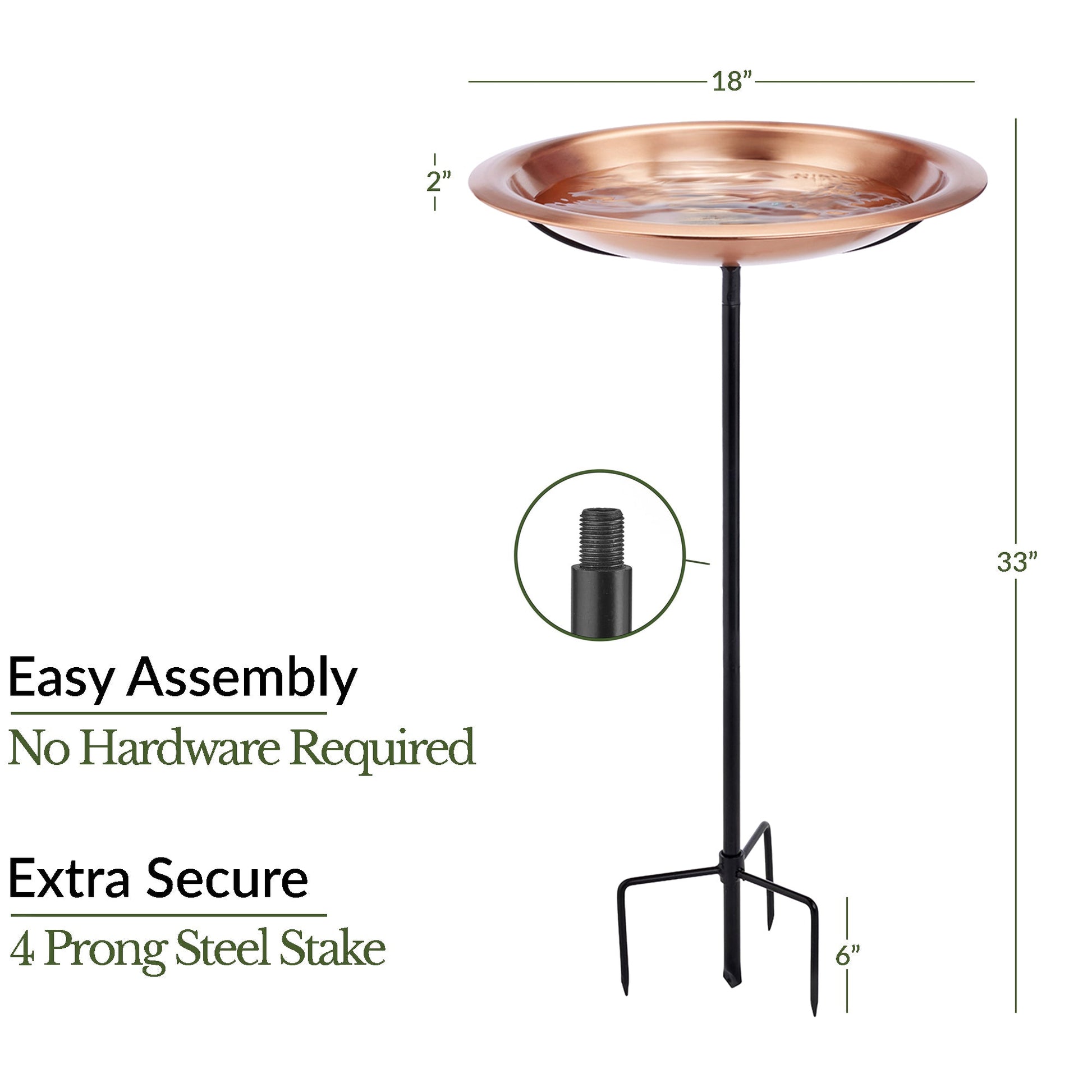 Copper Birdbath with Garden Pole, 18“�D “ Matte Finish - Good Directions