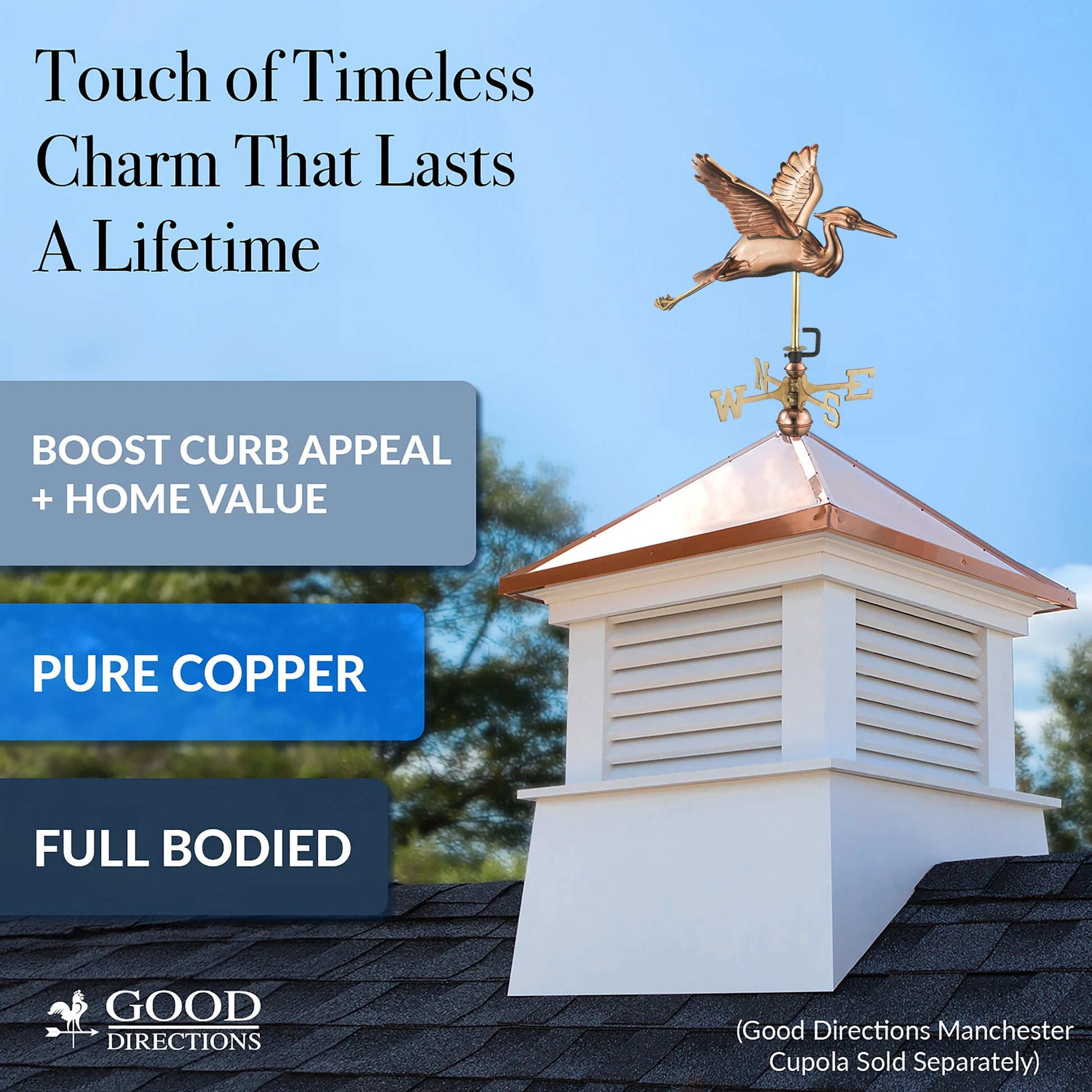 Copper Blue Heron Cottage Weathervane - Good Directions