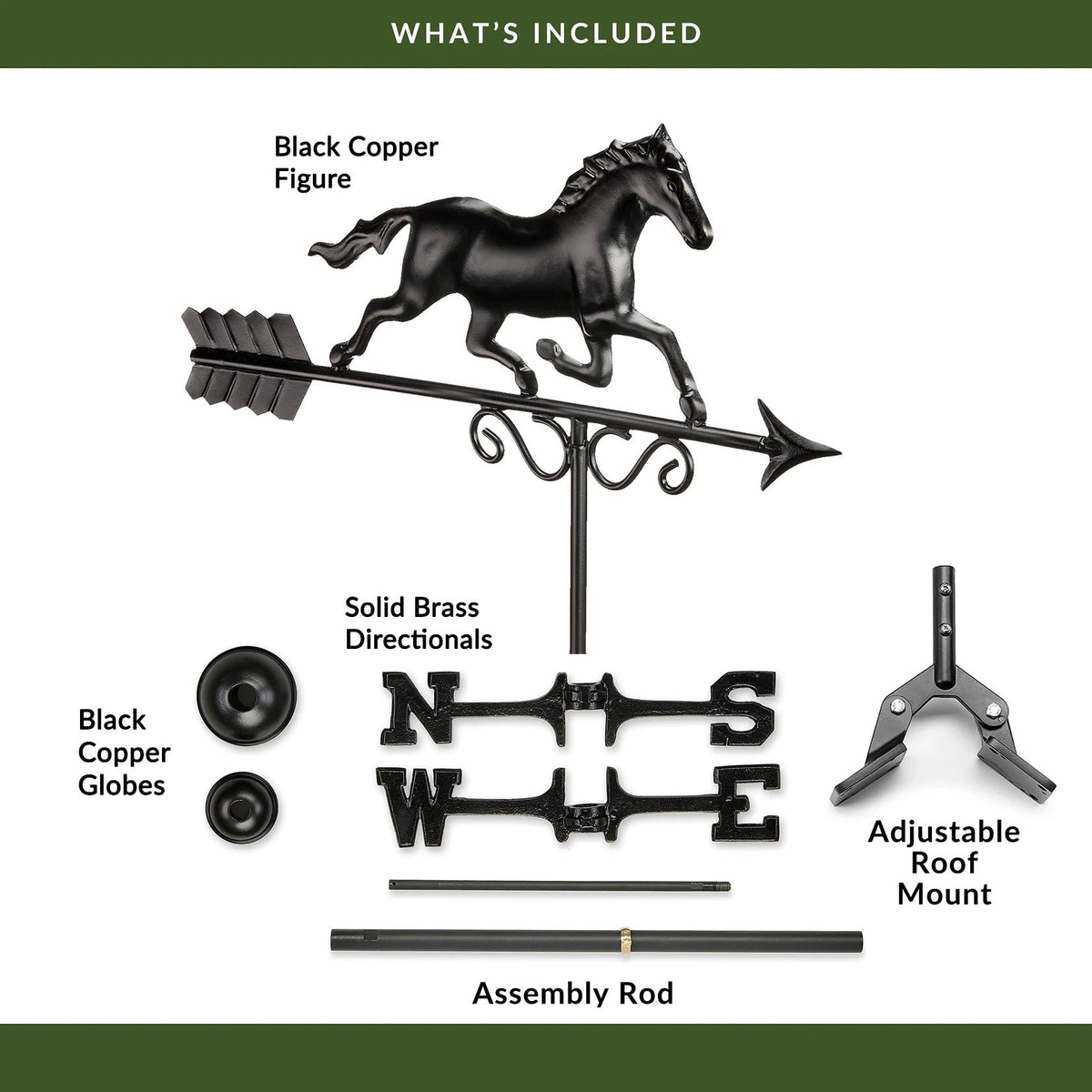 Galloping Horse Weathervane - Matte Black Copper - Good Directions