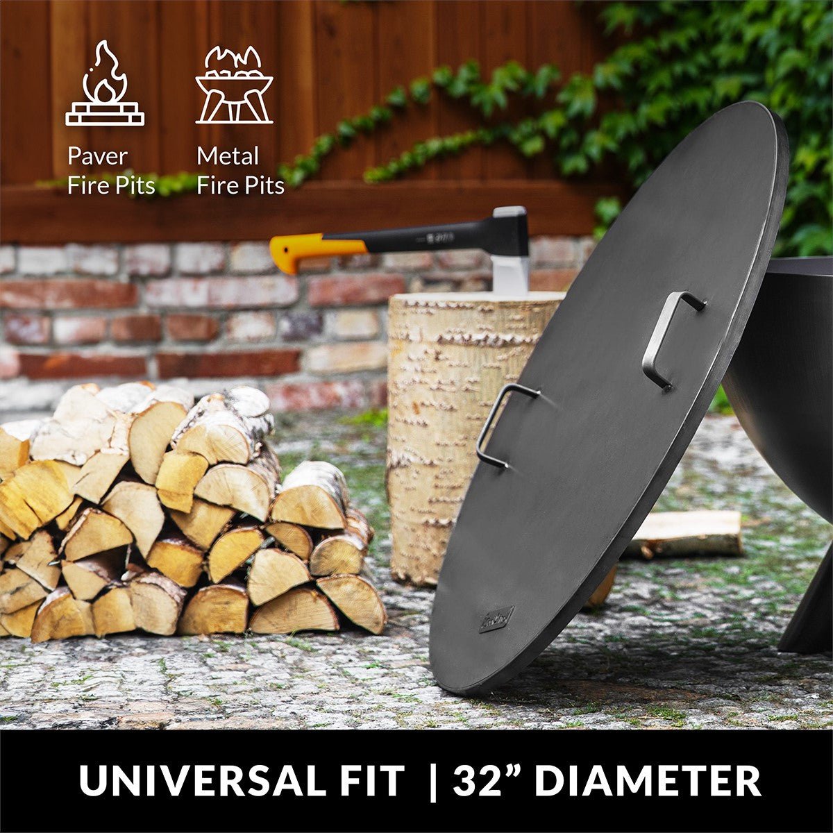 Fire Pit Round Cover Lid, 2mm Thickness, Fire Snuffer in Powder Coated Finish Rust Resistant, Drop-in Burner Fire Pit Pan Lid, Grill Fire Ring Lid with Handle, 32“� inch Diameter - Good Directions