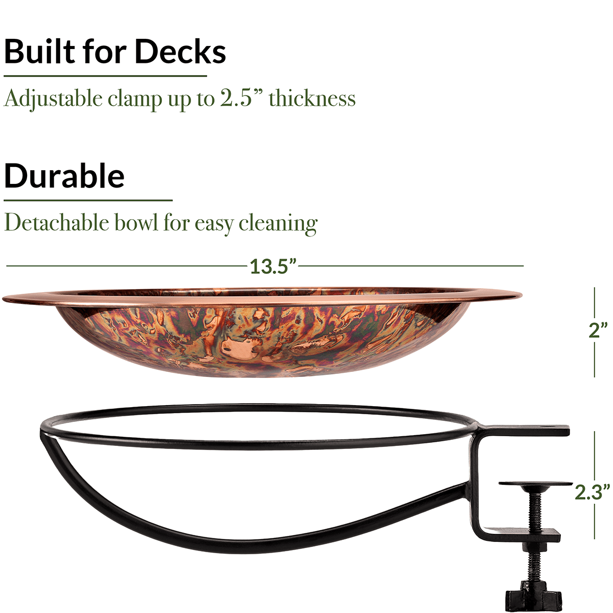 13.5" Fired Copper Bird Bath with Deck Bracket - Good Directions