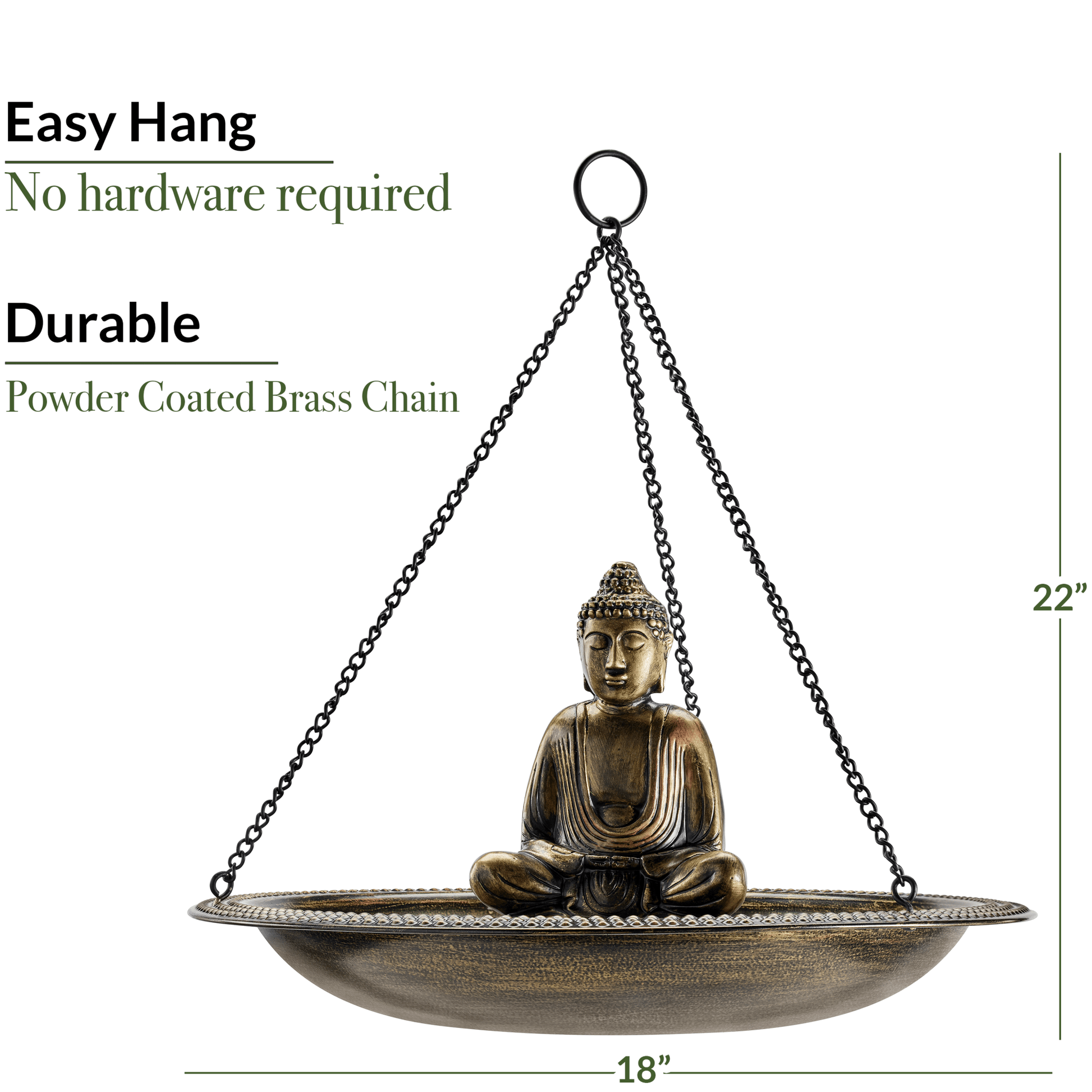 18" Hanging Copper Bird Bath with Buddha - Good Directions