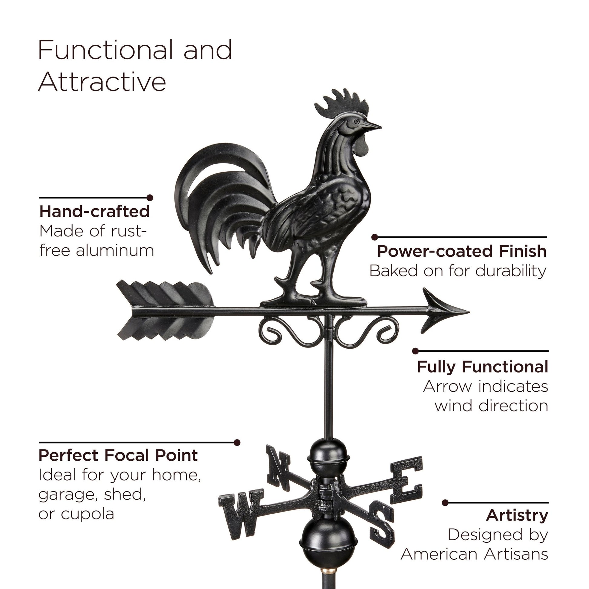 18" Square Manchester Vinyl Cupola with Black Aluminum roof and Black Aluminum Rooster Weathervane - Good Directions