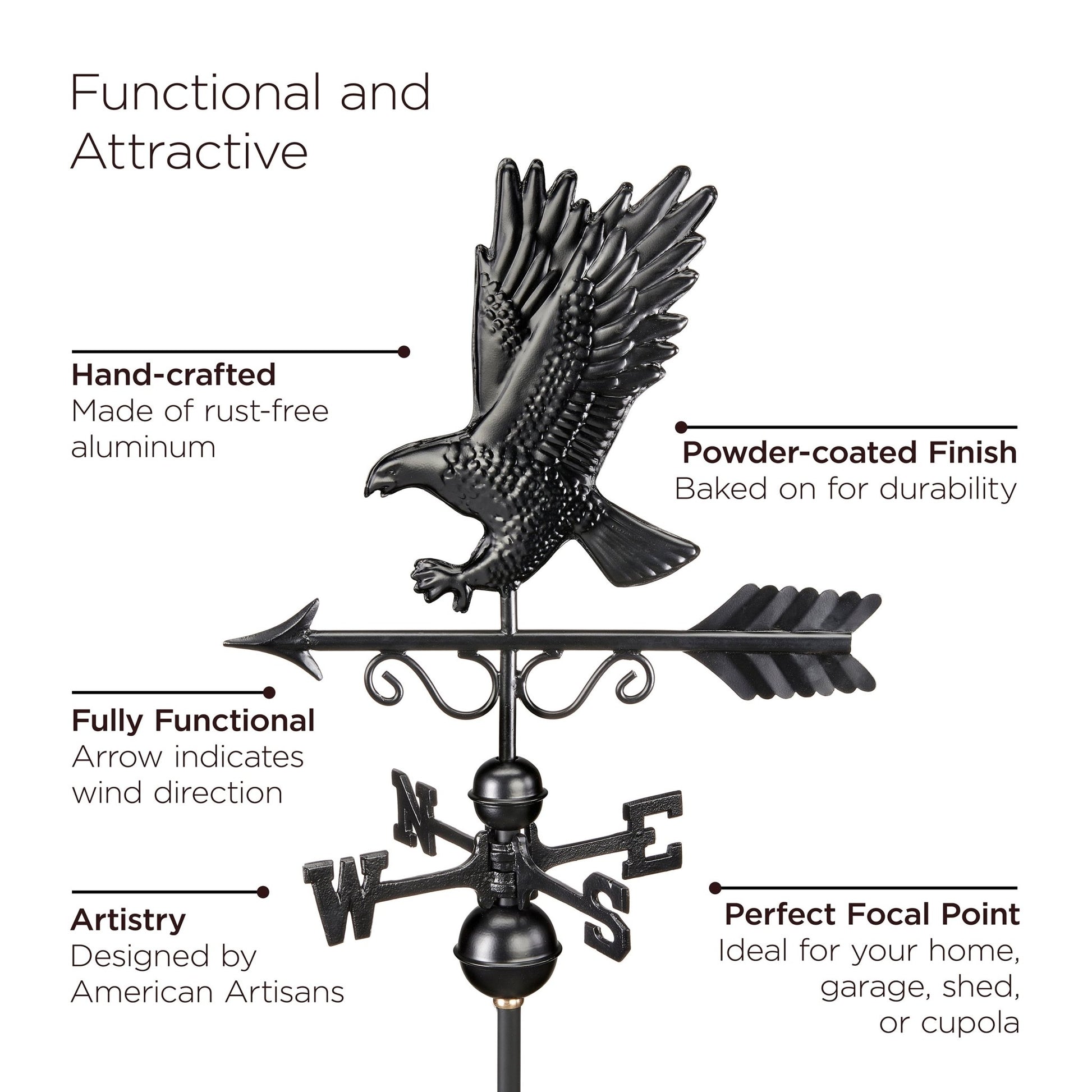 18" Square Manchester Vinyl Cupola with Black Aluminum roof and Black Aluminum Eagle Weathervane - Good Directions