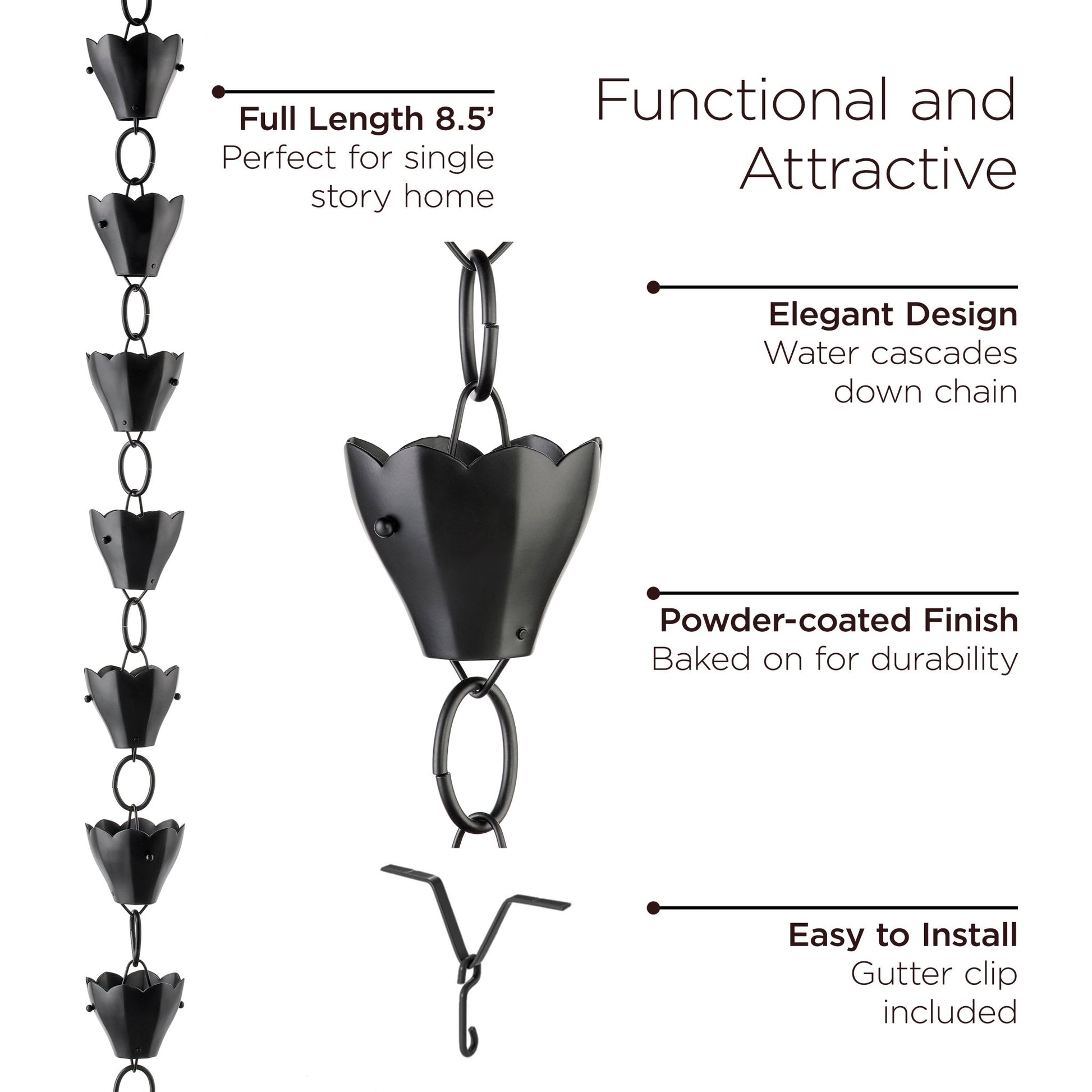 13 Cup Tulip Black Aluminum Rain Chain - Good Directions